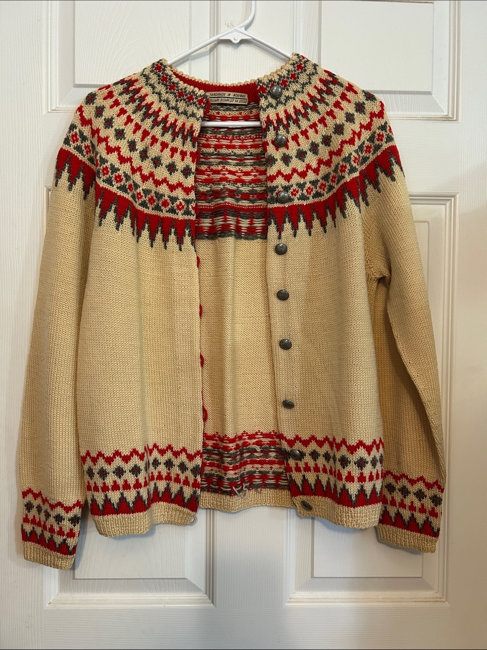 William Schmidt Norwegian Vintage Fair Isle Handknit Wool Button Cardigan